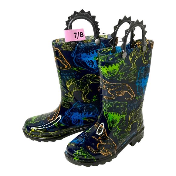NEW Light Up RAIN BOOTS 7/8 Boys Kids Dinosaur T REX Rubber Boot Shoes Lights - Picture 6 of 9